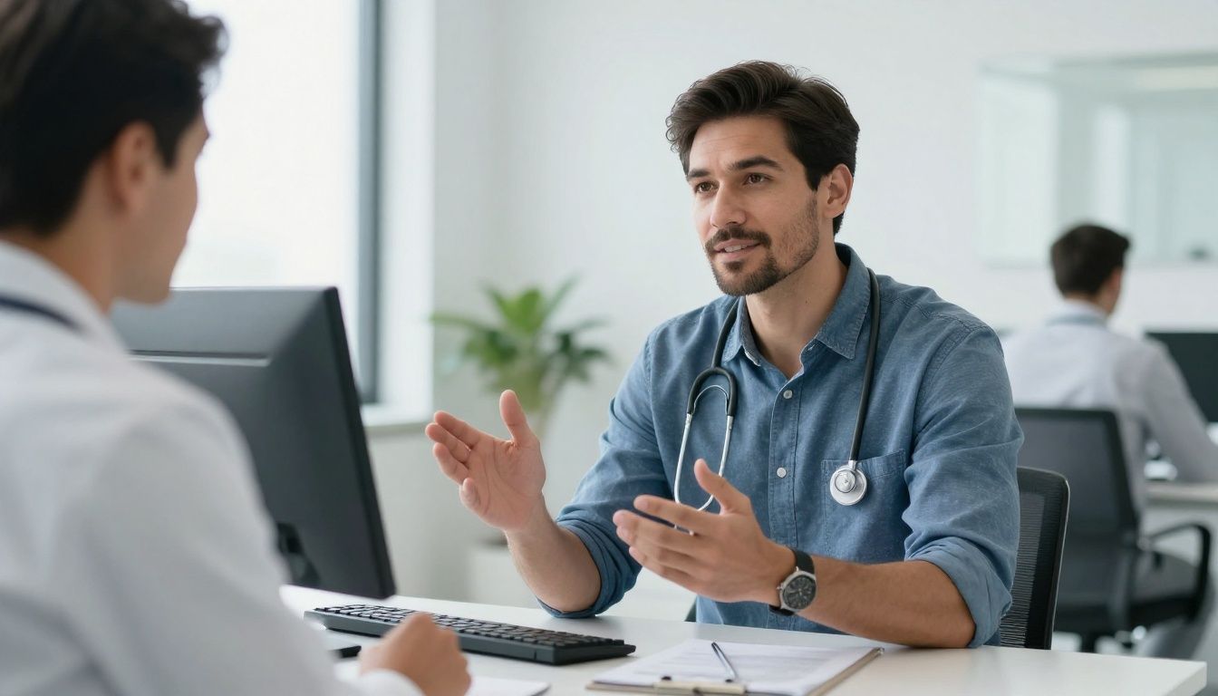 A confident man in his 40s discussing his health goals with a male provider in a modern, upscale clinic setting.