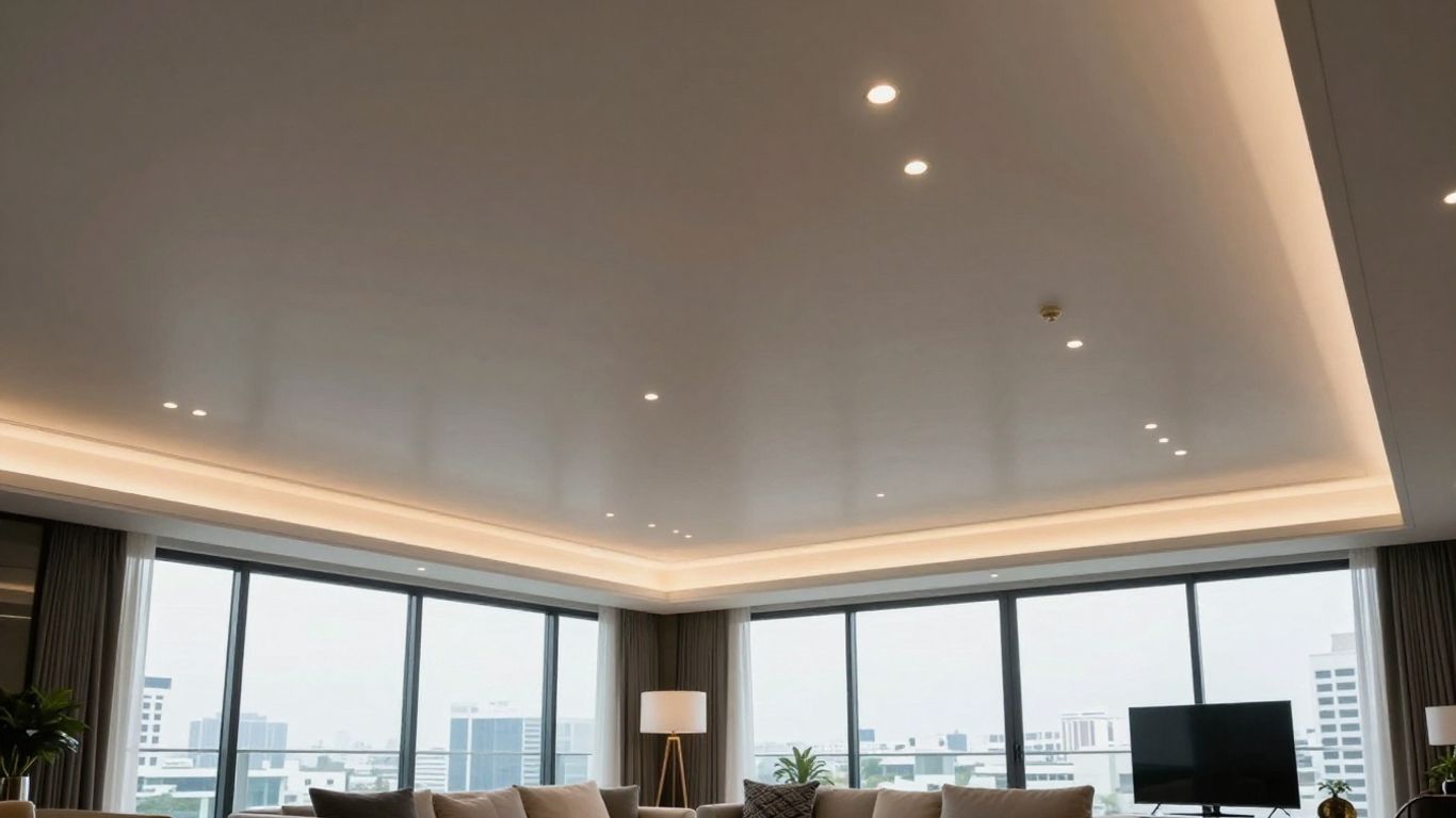 Glossy ceiling in modern Bangkok condo with ceiling lights
