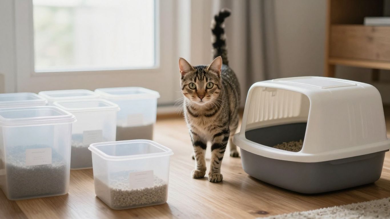 Cat inspecting a clean litter box at home