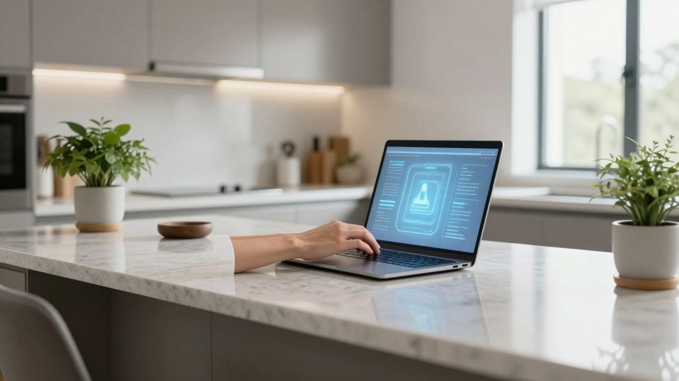 Modern kitchen with laptop, human hands, and quartz countertops.