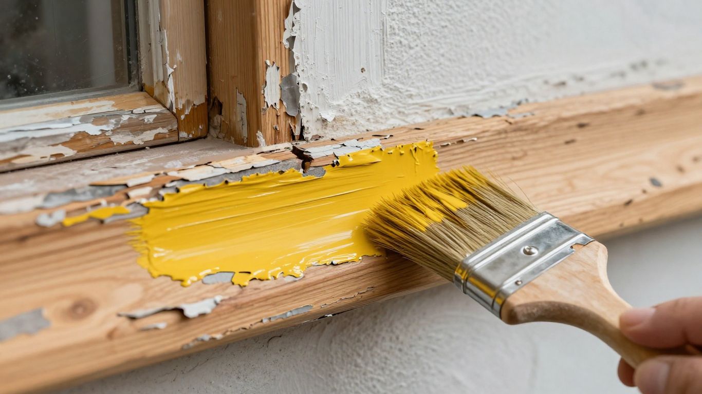Painter applying new exterior paint to wood trim.
