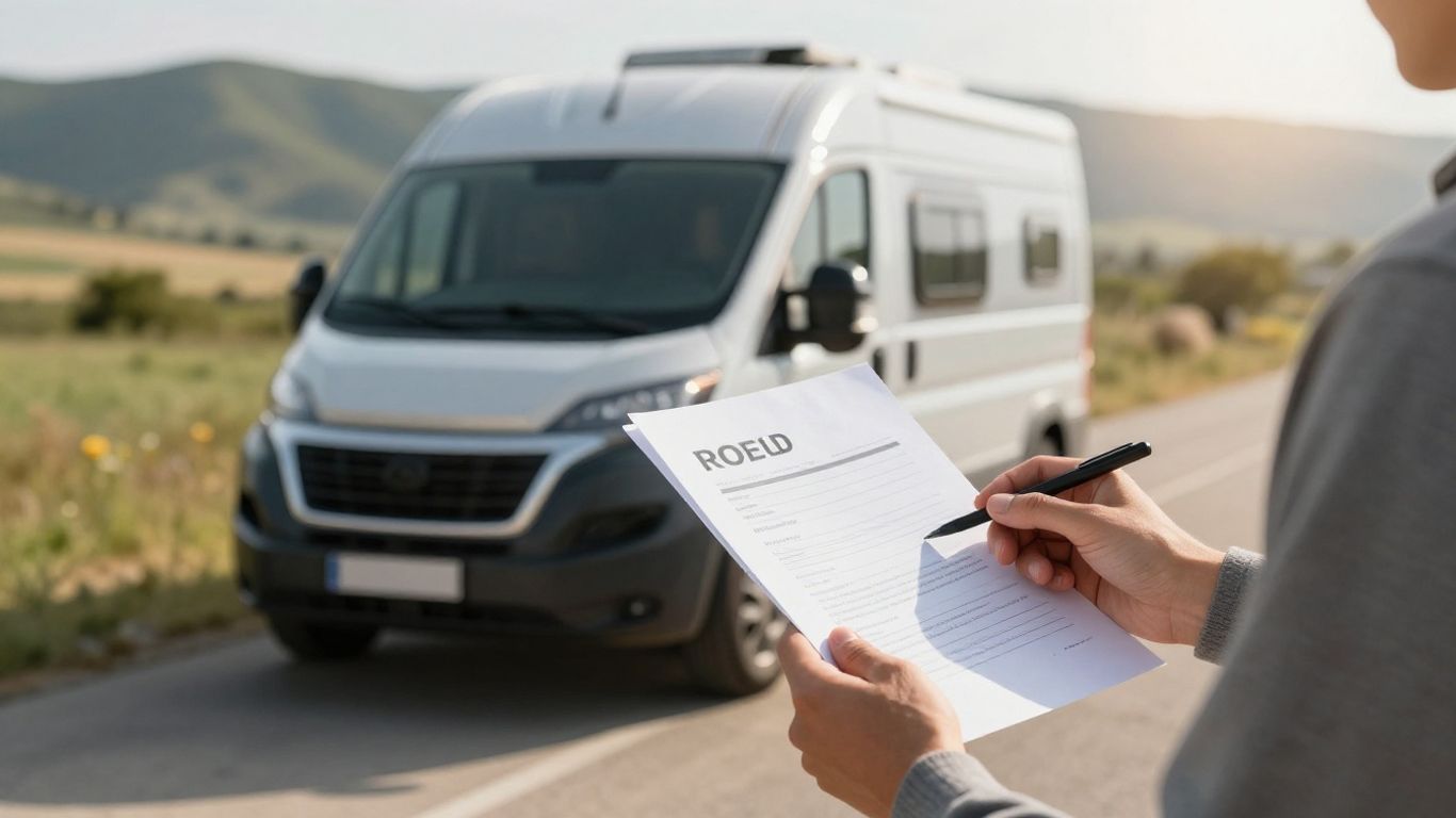 RV rental with a person holding documents, scenic background.
