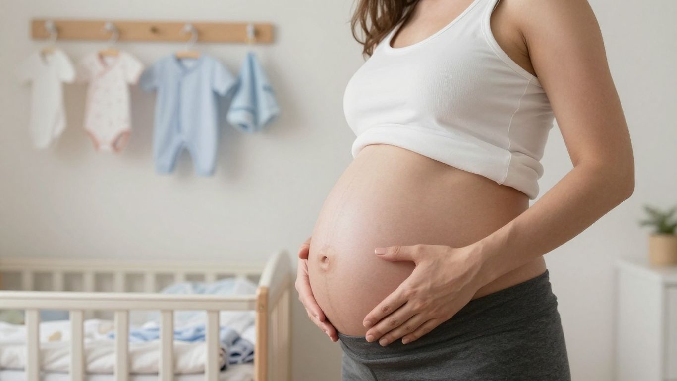 Mujer embarazada tocando su vientre en una habitación de bebé.