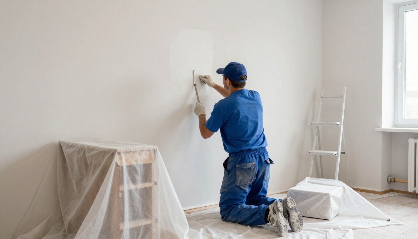 A Bristol plasterer carefully preparing a wall for plastering, with dust sheets protecting the floor and furniture.