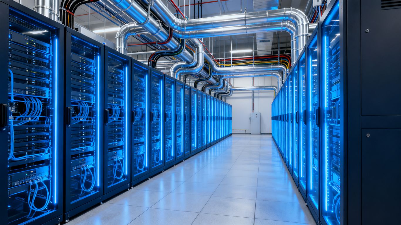 Data centre with servers, pipes, and electrical conduits.