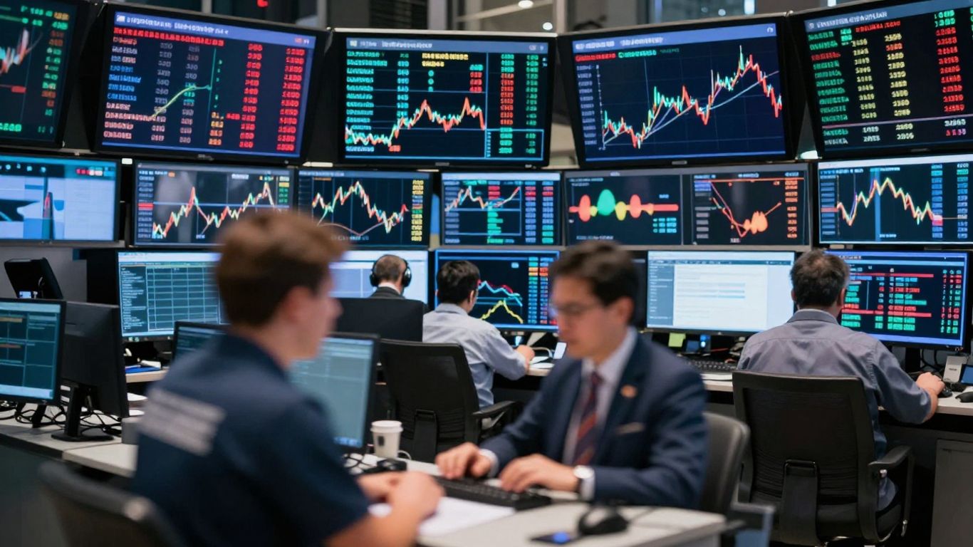 Global financial markets with blurred figures and colorful light trails.