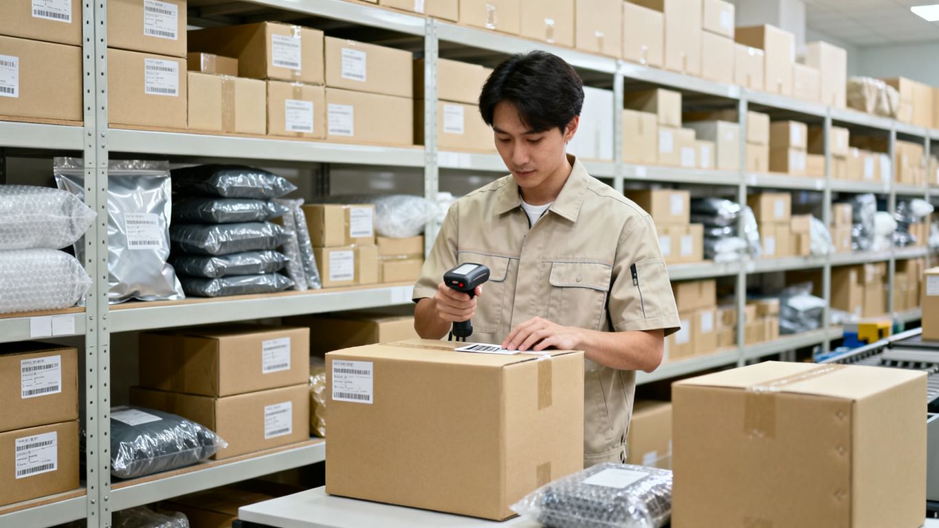 Ecommerce team packing orders beside organized inventory