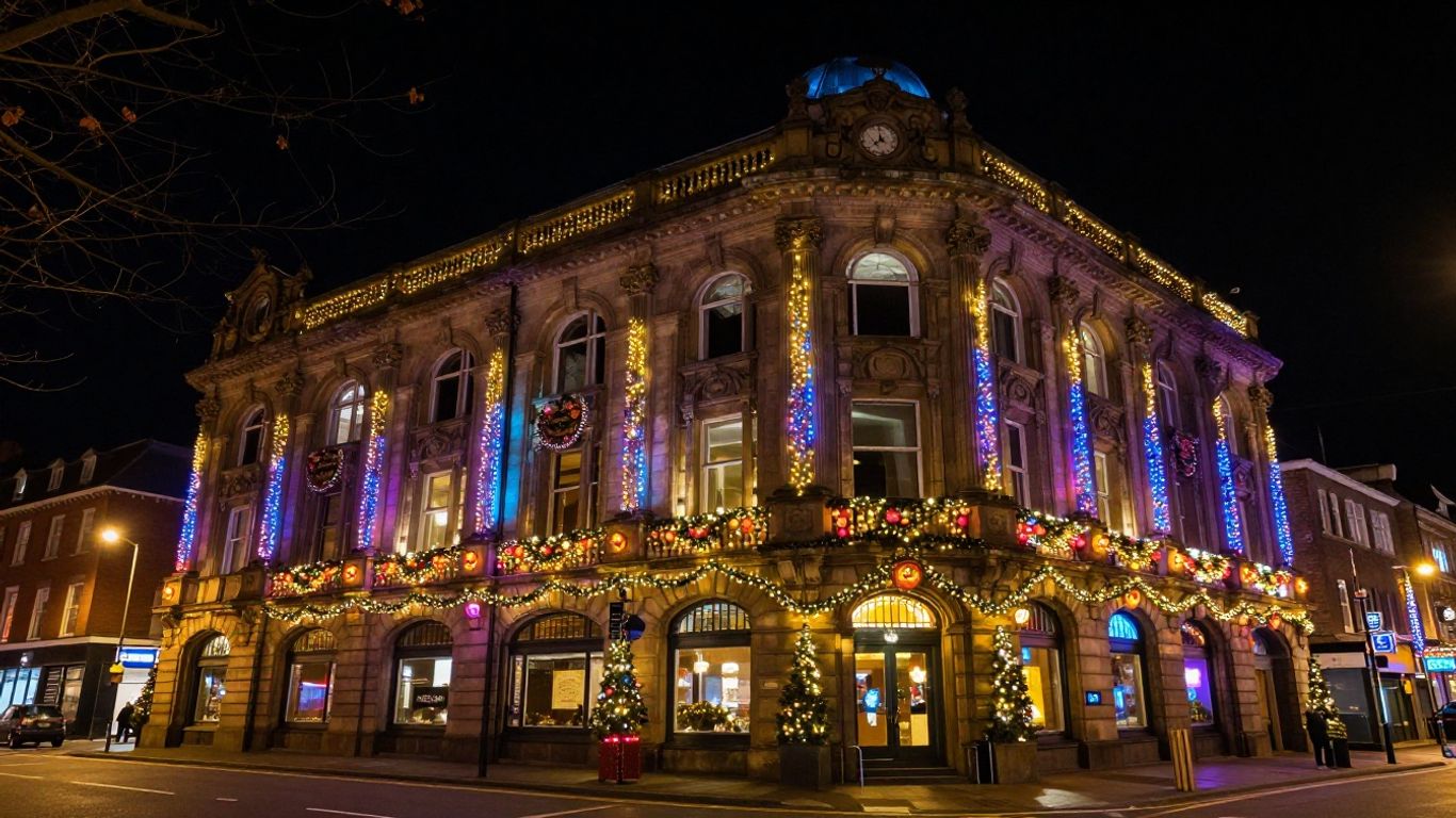 Commercial building with bright Christmas lights in Swansea.