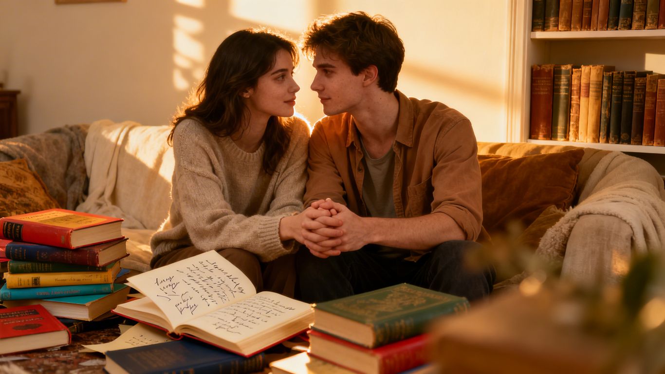 Young adult couple reading romance books together