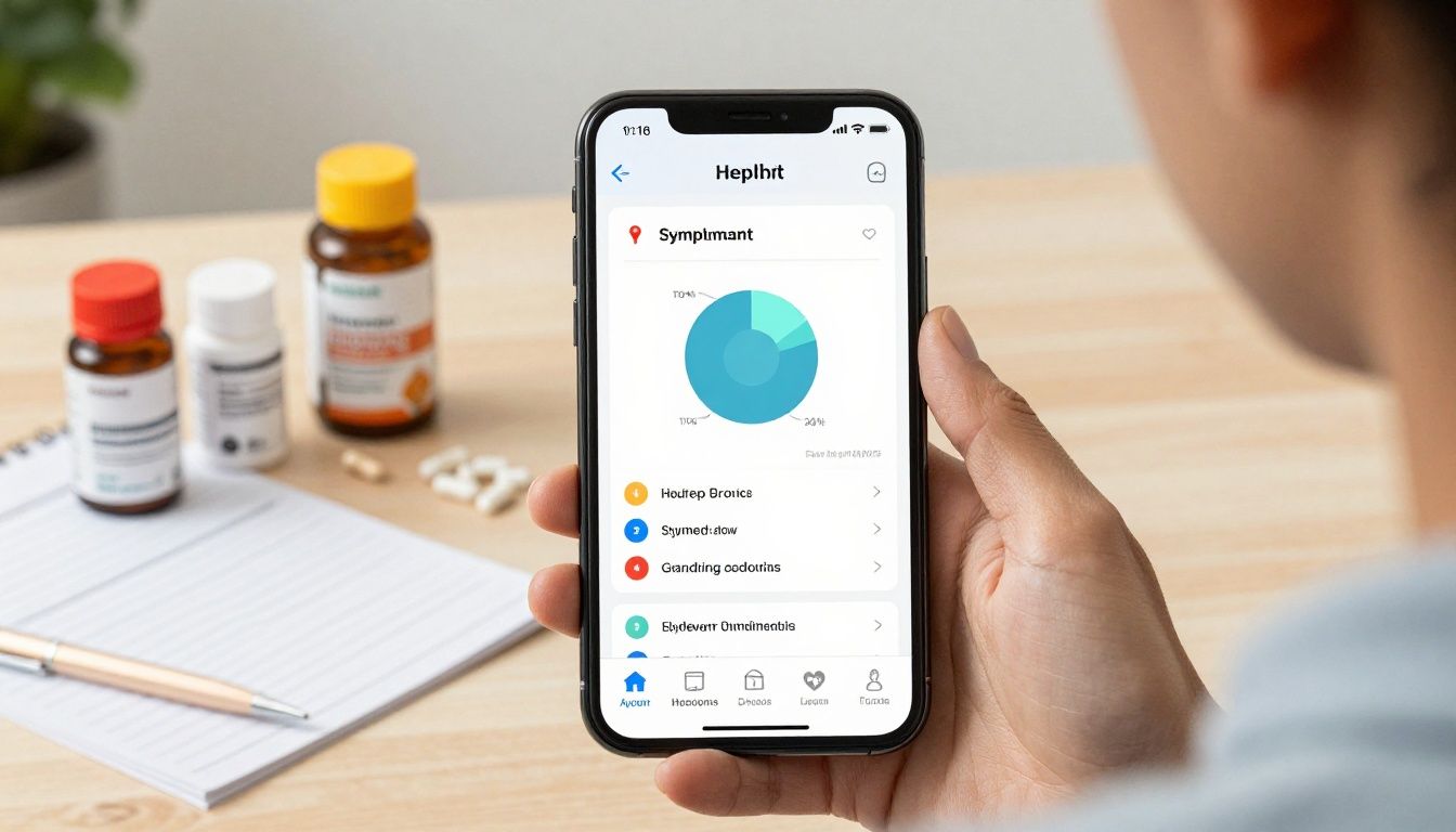 Bright modern health-tech scene showing a diverse adult reviewing symptom trends and medication routines on a smartphone beside organized supplements, lab notes, and fitness recovery tools
