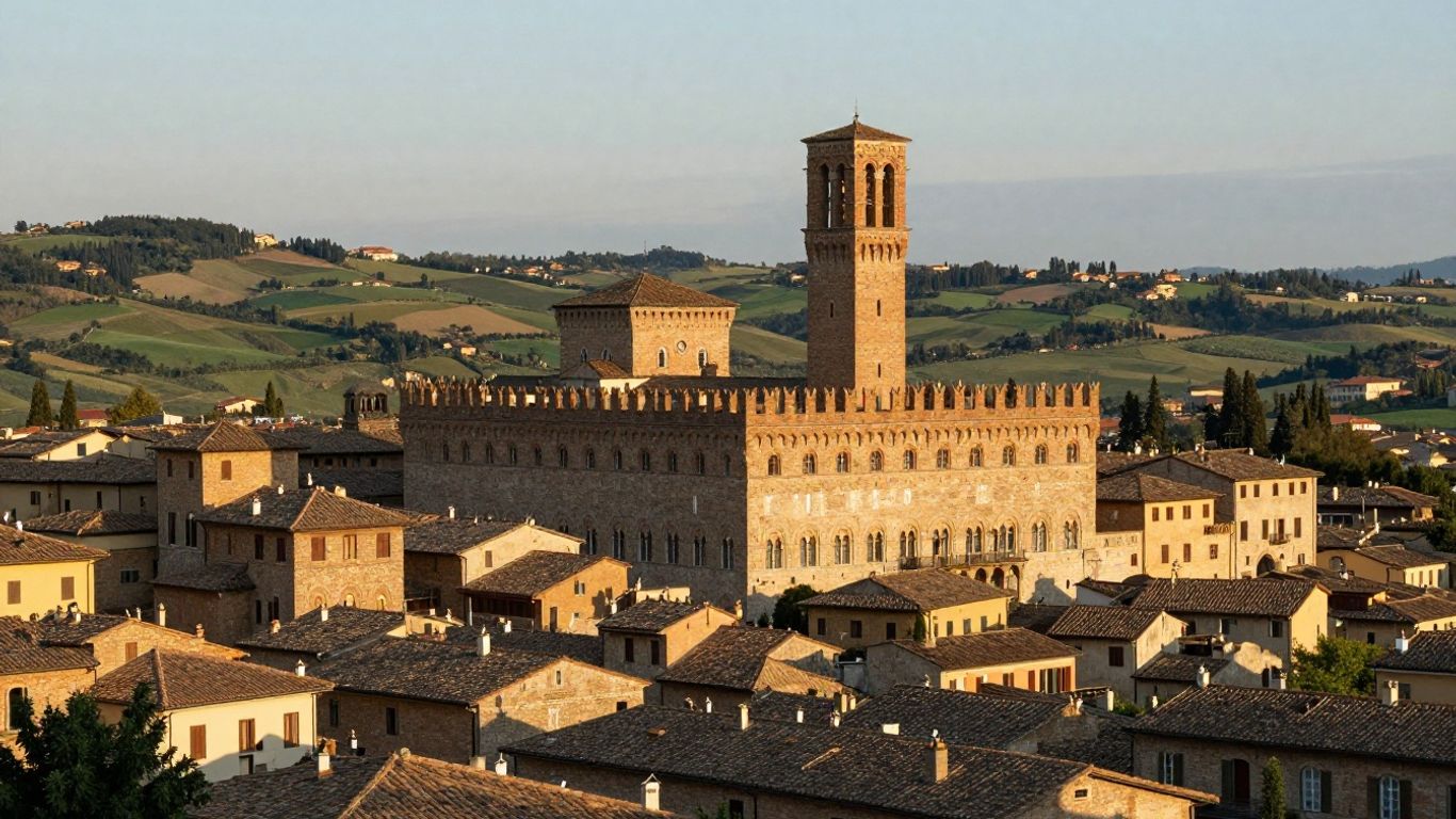 Urbino palace above rolling Italian hills