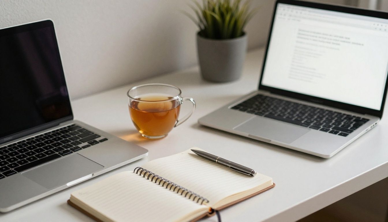A serene, organized home office desk with a laptop, a notebook, and a warm cup of tea in the soft morning light, emphasizing intentionality and calm productivity.