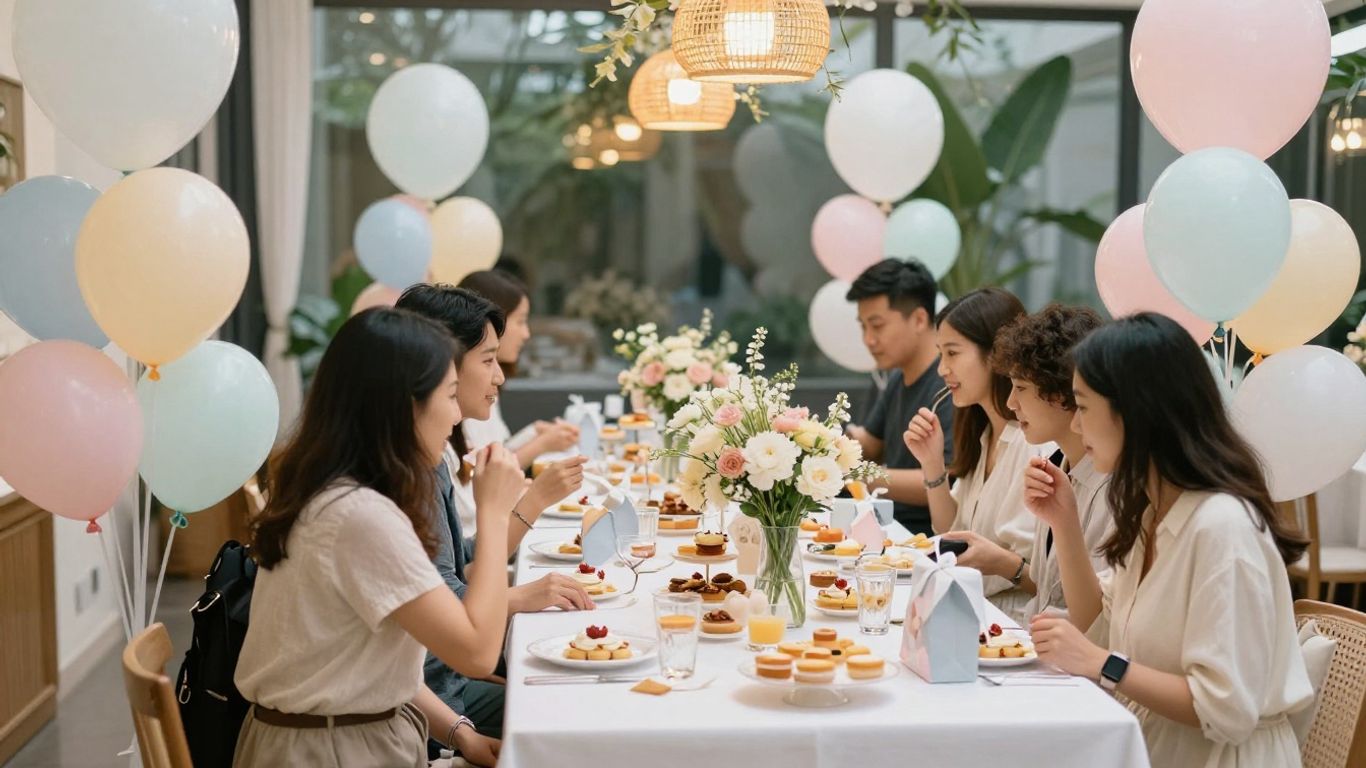 Elegant baby shower venue with balloons, flowers, and happy guests.