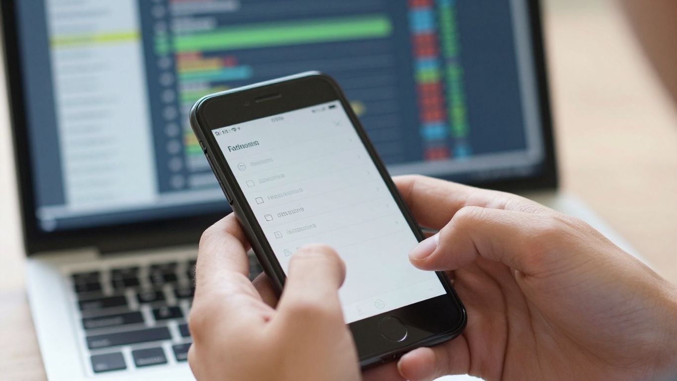 Hands holding smartphone with analytics data on laptop screen.