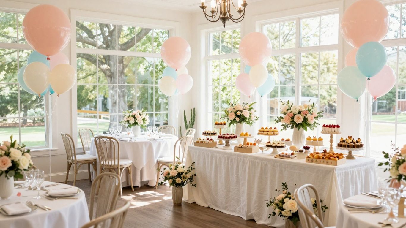 Elegant baby shower venue in Dallas with balloons and flowers.