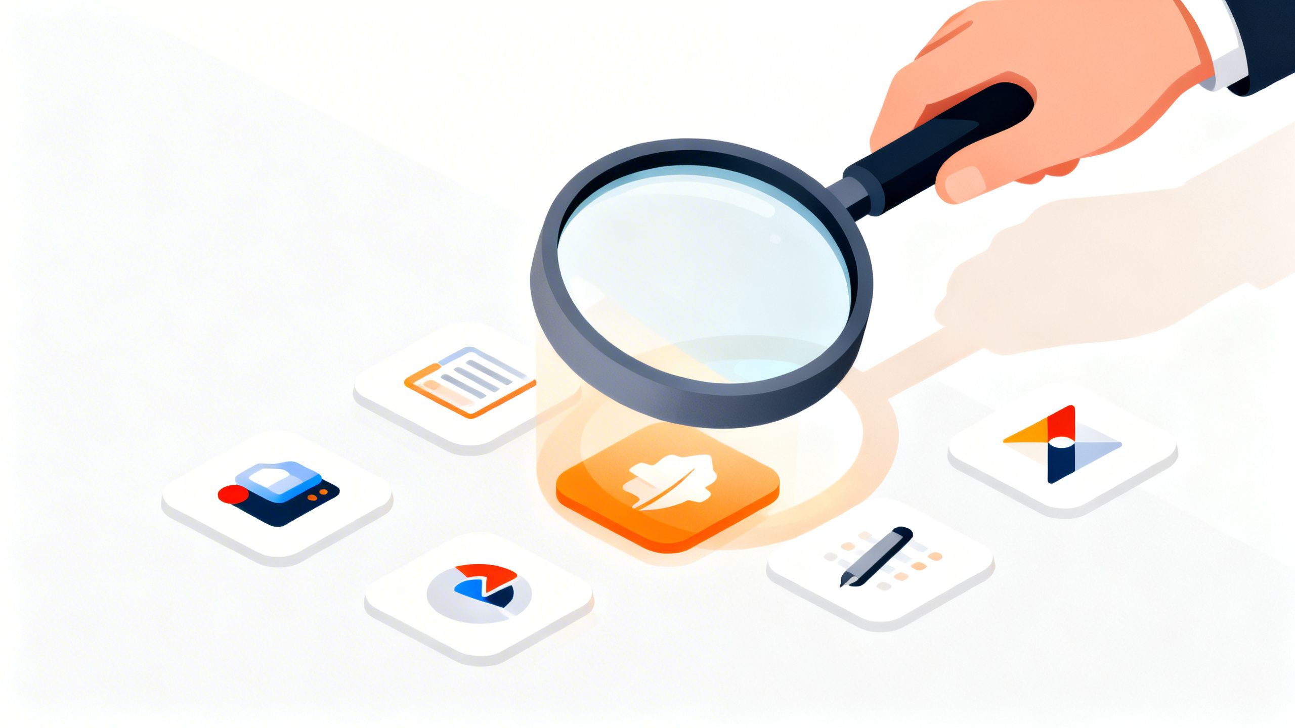 A magnifying glass hovering over several app icons, representing the careful selection process for business tools.