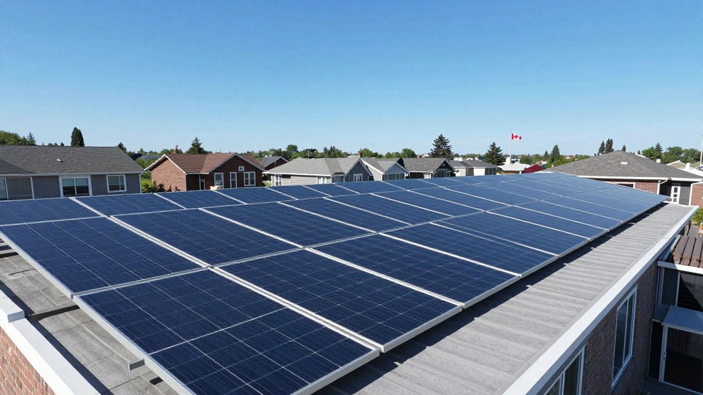 Canadian homes with solar panels on rooftops under a blue sky.