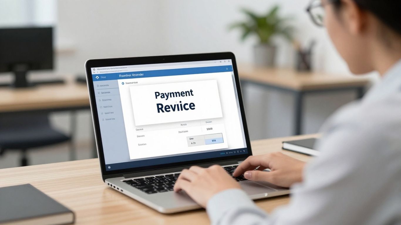 Contractor receiving automated invoice payment reminder on laptop.