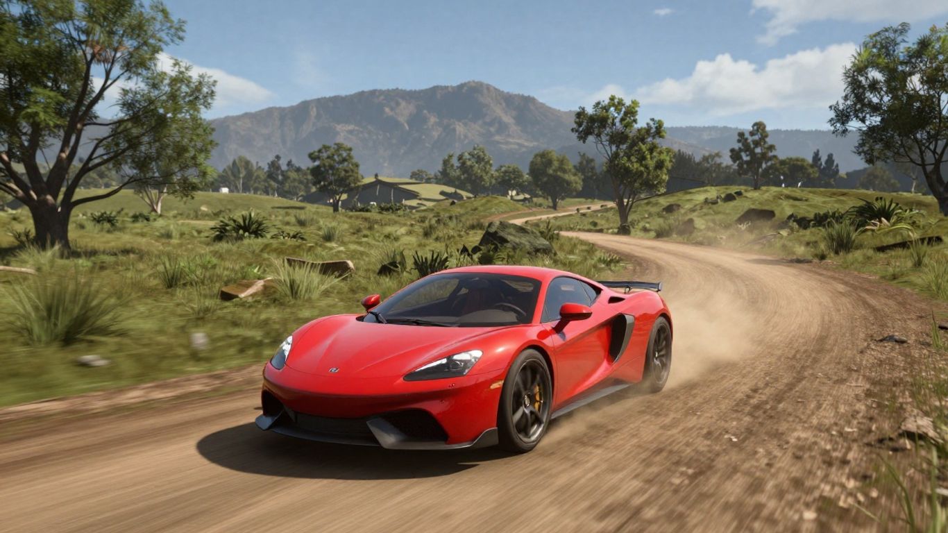 Red sports car racing on a dusty road in Forza Horizon 3.