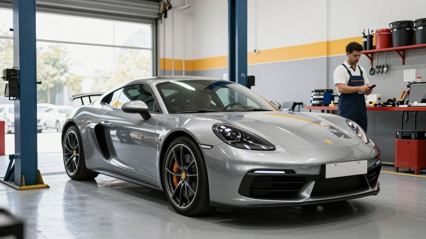Luxury car inside modern auto repair shop