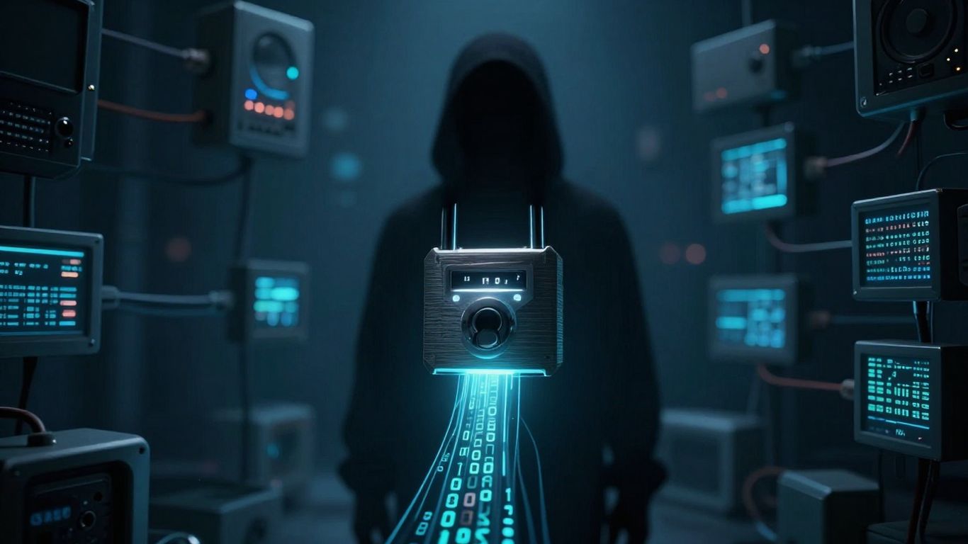 Digital lock compromised by shadowy figure, malware delivery.