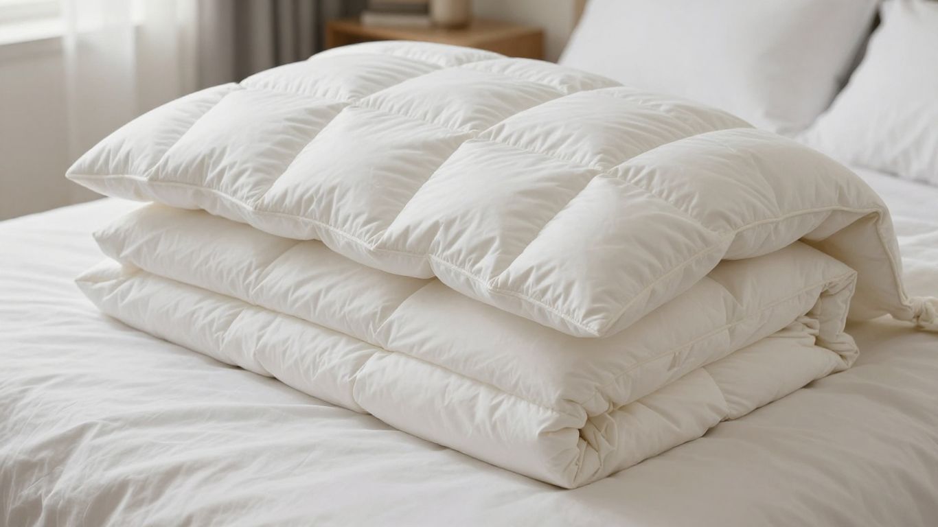Plush all-season down comforter folded on a bed.