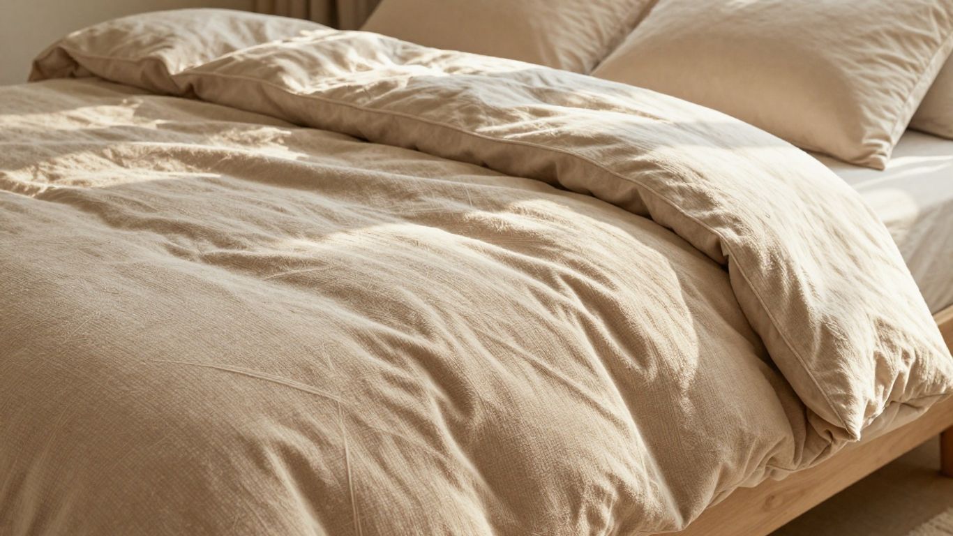 Edredones y cobijas en una cama de Airbnb.