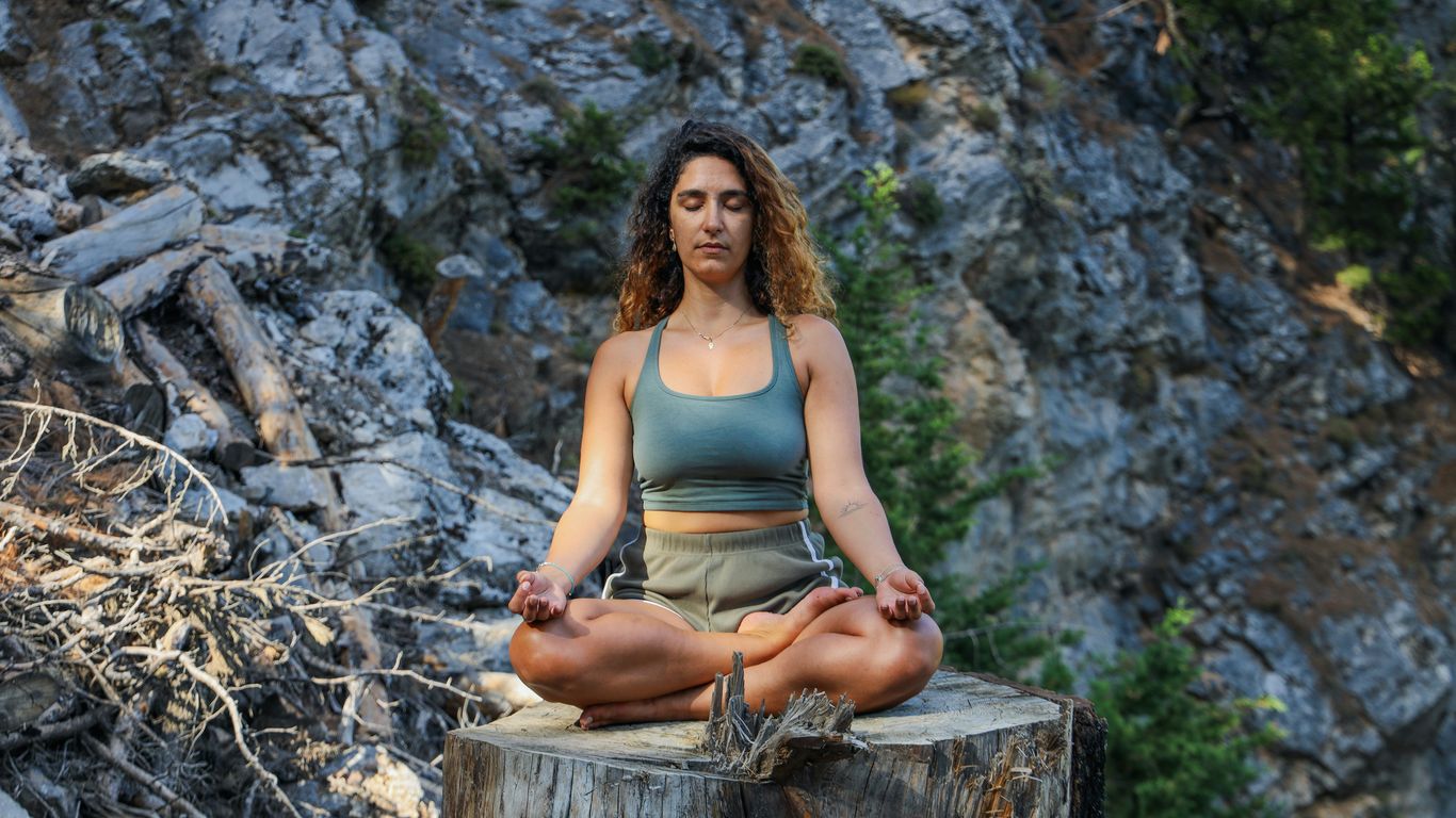 woman in blue spaghetti strap top sitting on brown wooden log