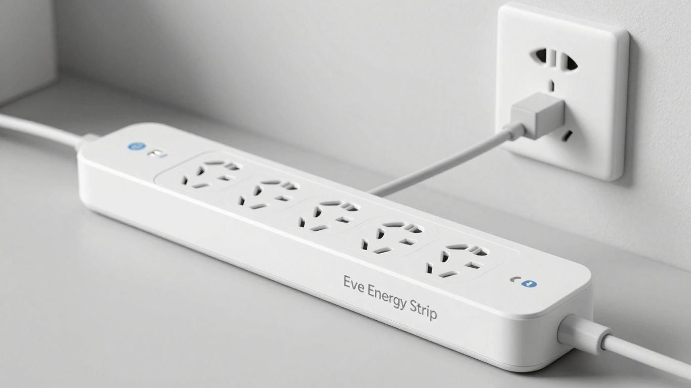 Multiprise connectée Eve Energy Strip sur une prise murale.
