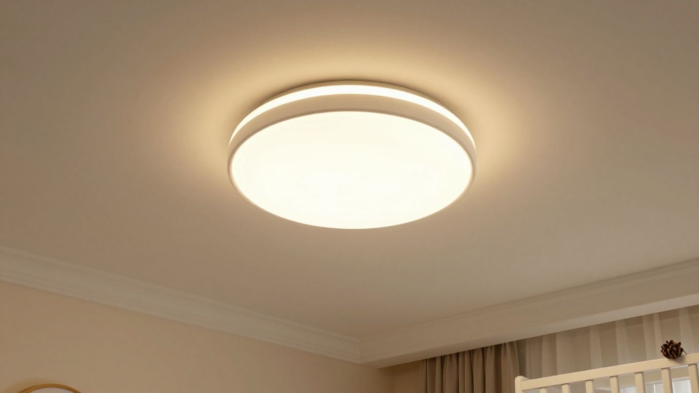 Softly lit nursery with a central ceiling light.