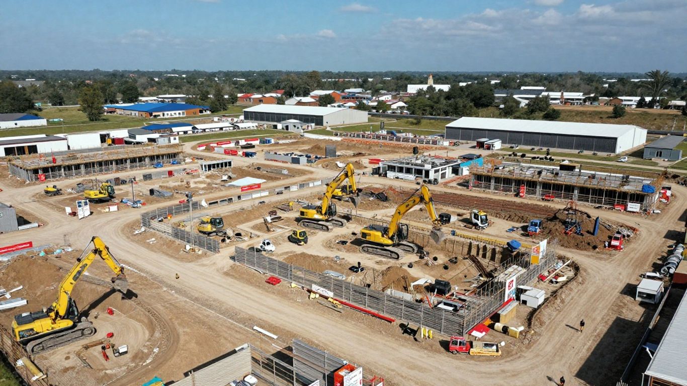 Drone surveying a large construction site from above.