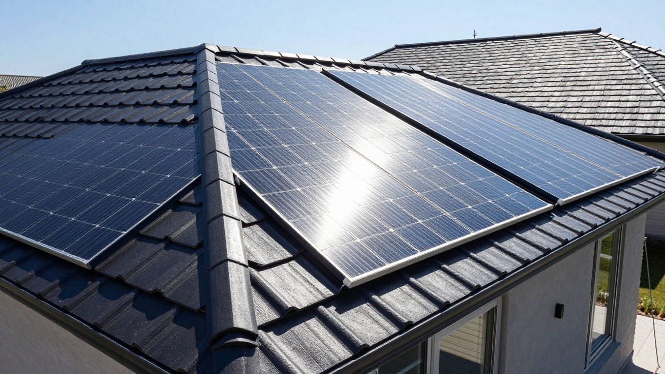 Tuiles solaires intégrées sur un toit de maison moderne.