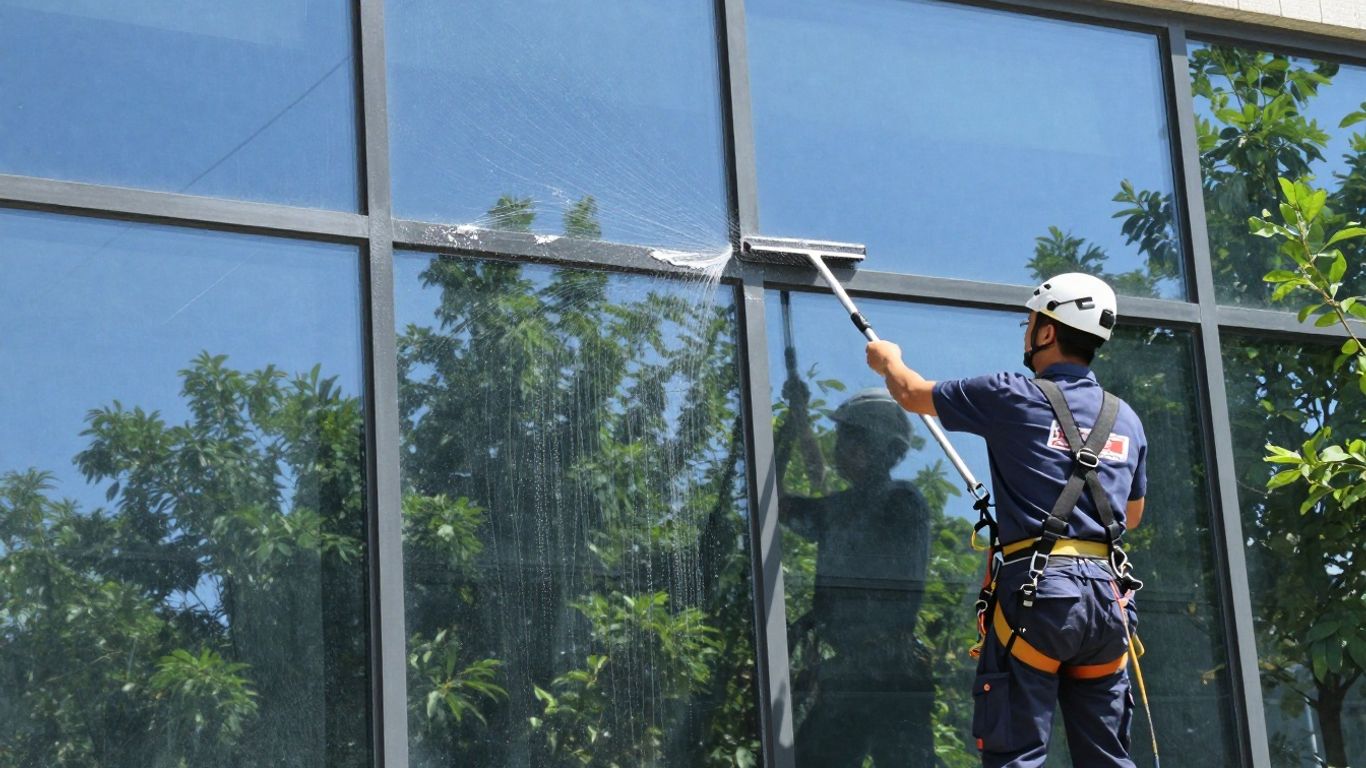 Professional window cleaner washing a sparkling clean window.