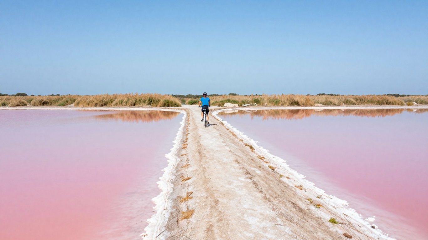 Cyclist beside pink Camargue salt lakes