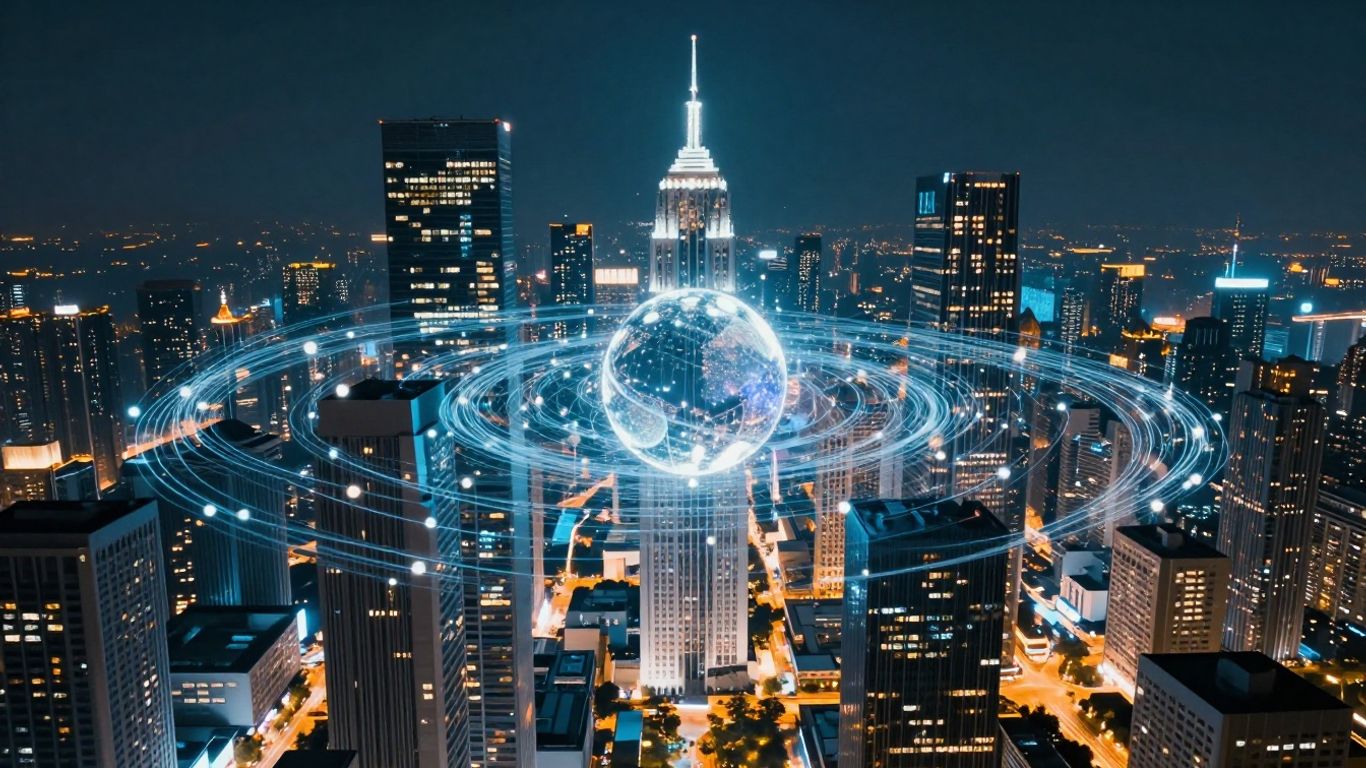 Futuristic cityscape with glowing data streams and light particles.