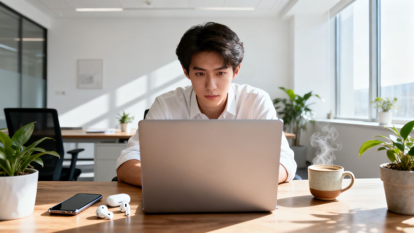 Young professional working in a modern digital office space.