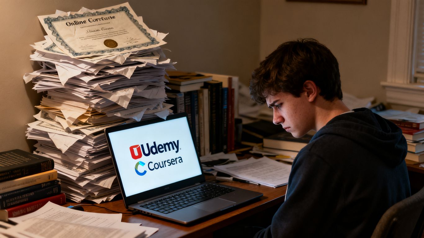 Student overwhelmed by online course certificates, frustrated with learning platforms.