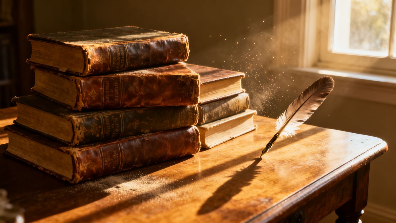 Books by famous philosophers on a wooden table.