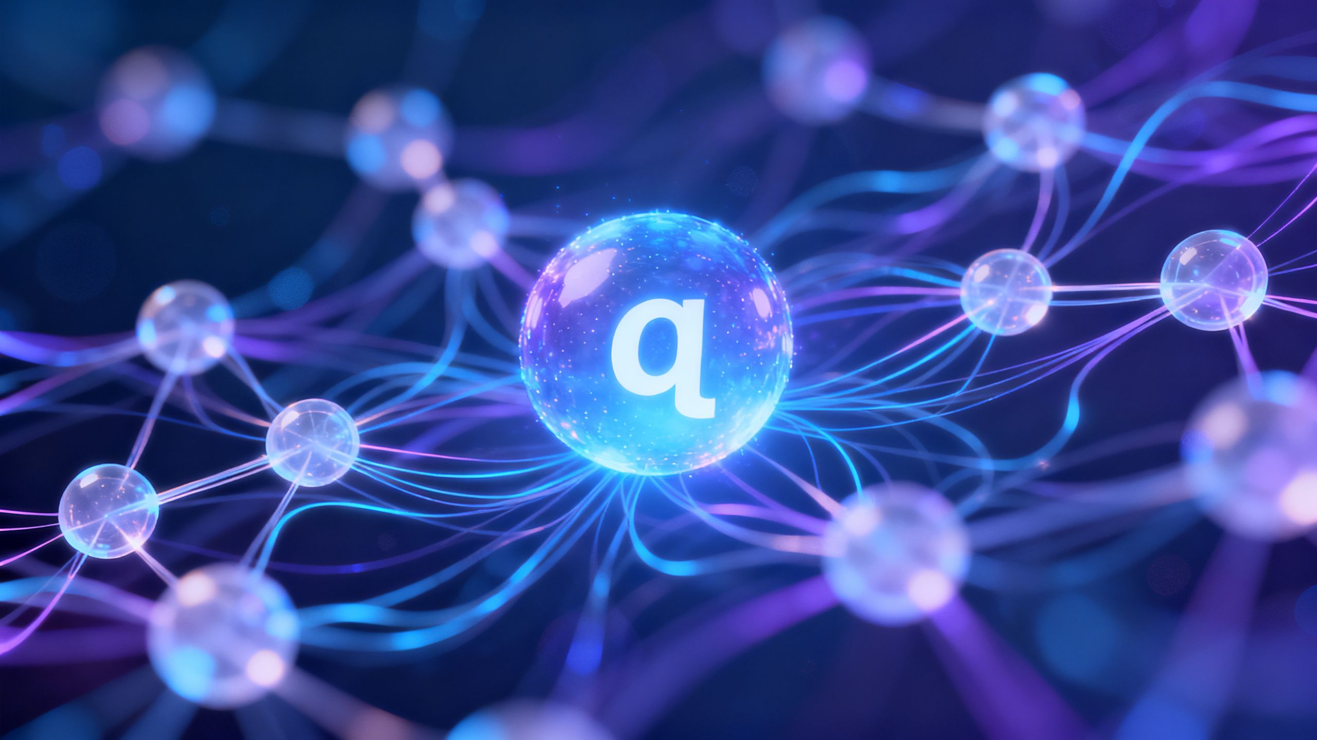 An abstract, glowing blue and purple illustration of a quantum qubit, showing interconnected nodes and light trails representing superposition.