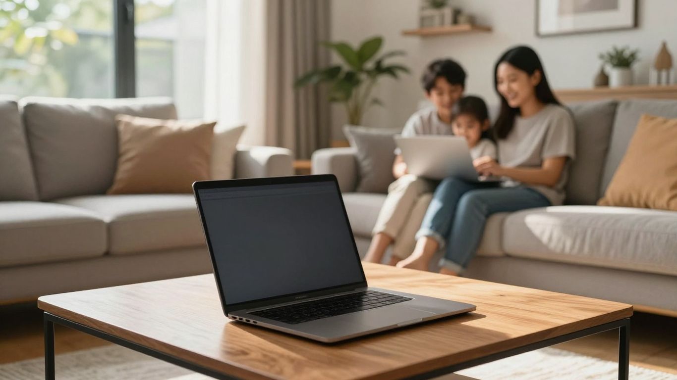 Familia feliz en casa segura con portátil abierto.