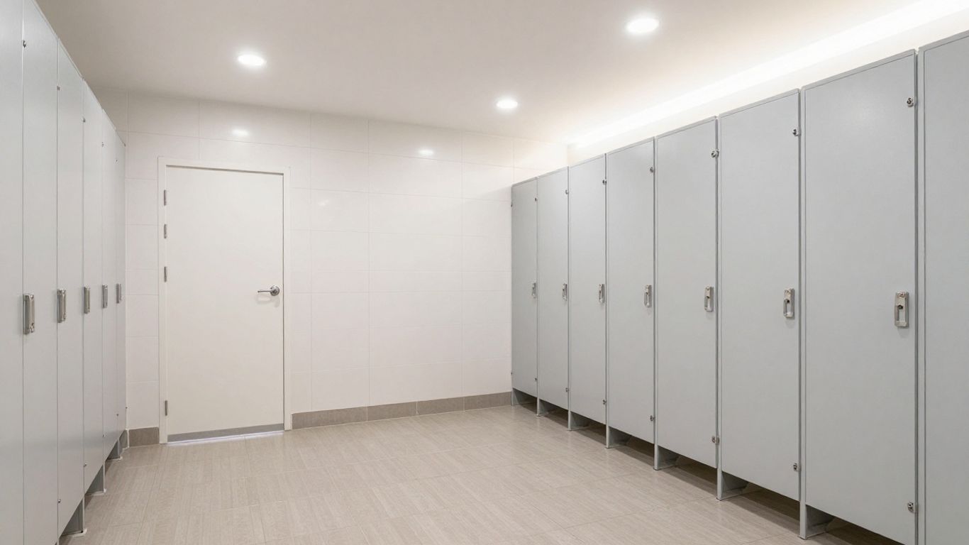 Modern change room with tiled walls and lockers.