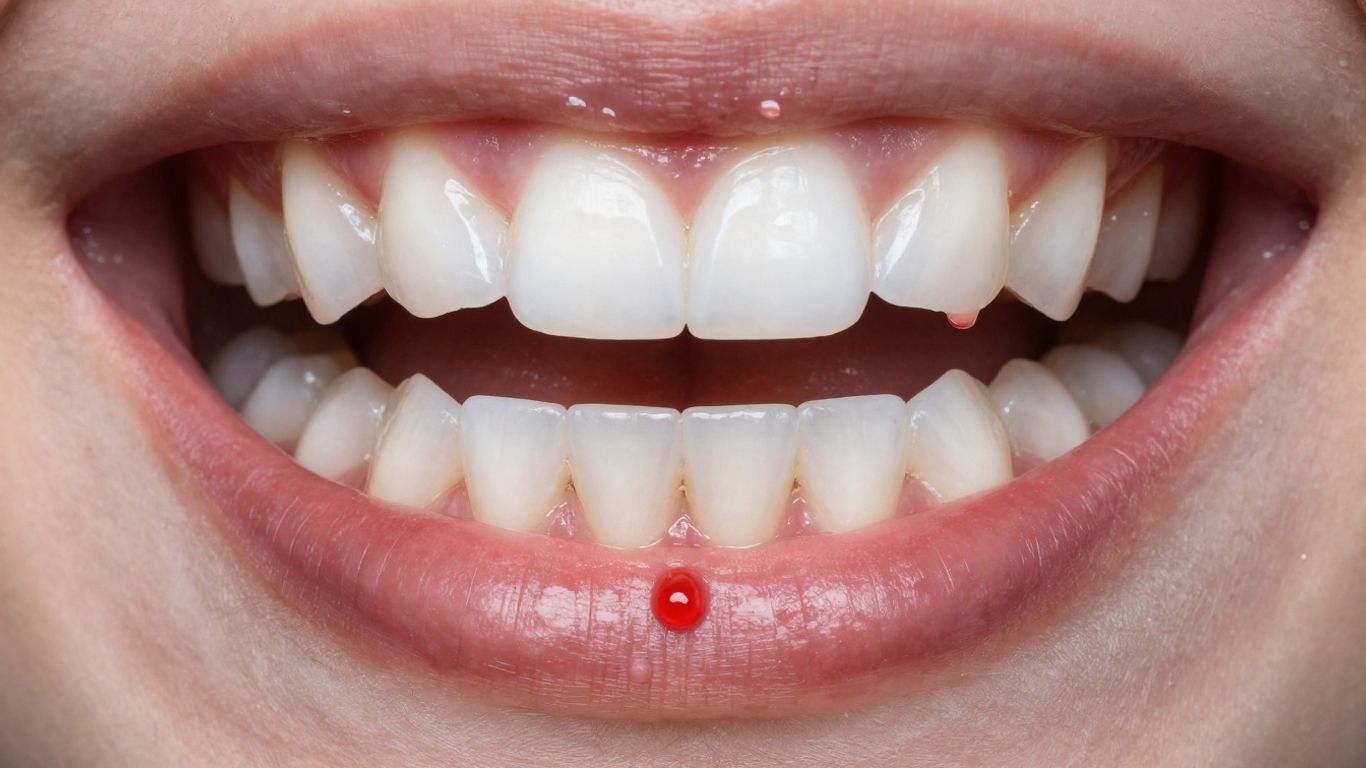 Close-up of healthy gums with a single drop of blood.