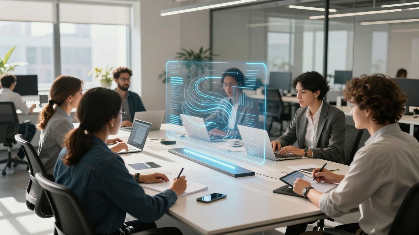 Team working with AI tech in a modern office.