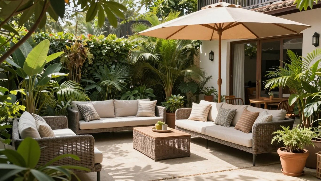Cozy Airbnb outdoor space with seating and plants.