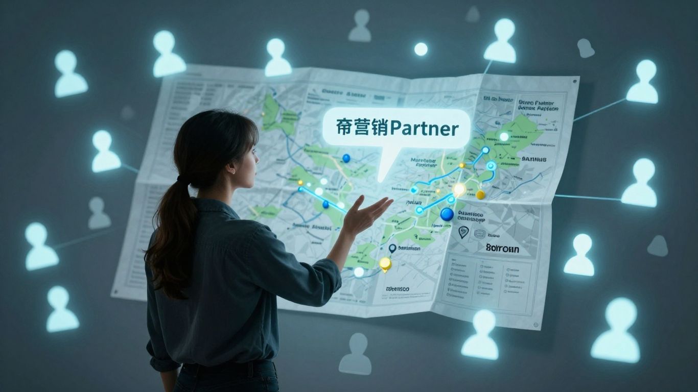 Person looking at map with agency pins, another person gesturing.