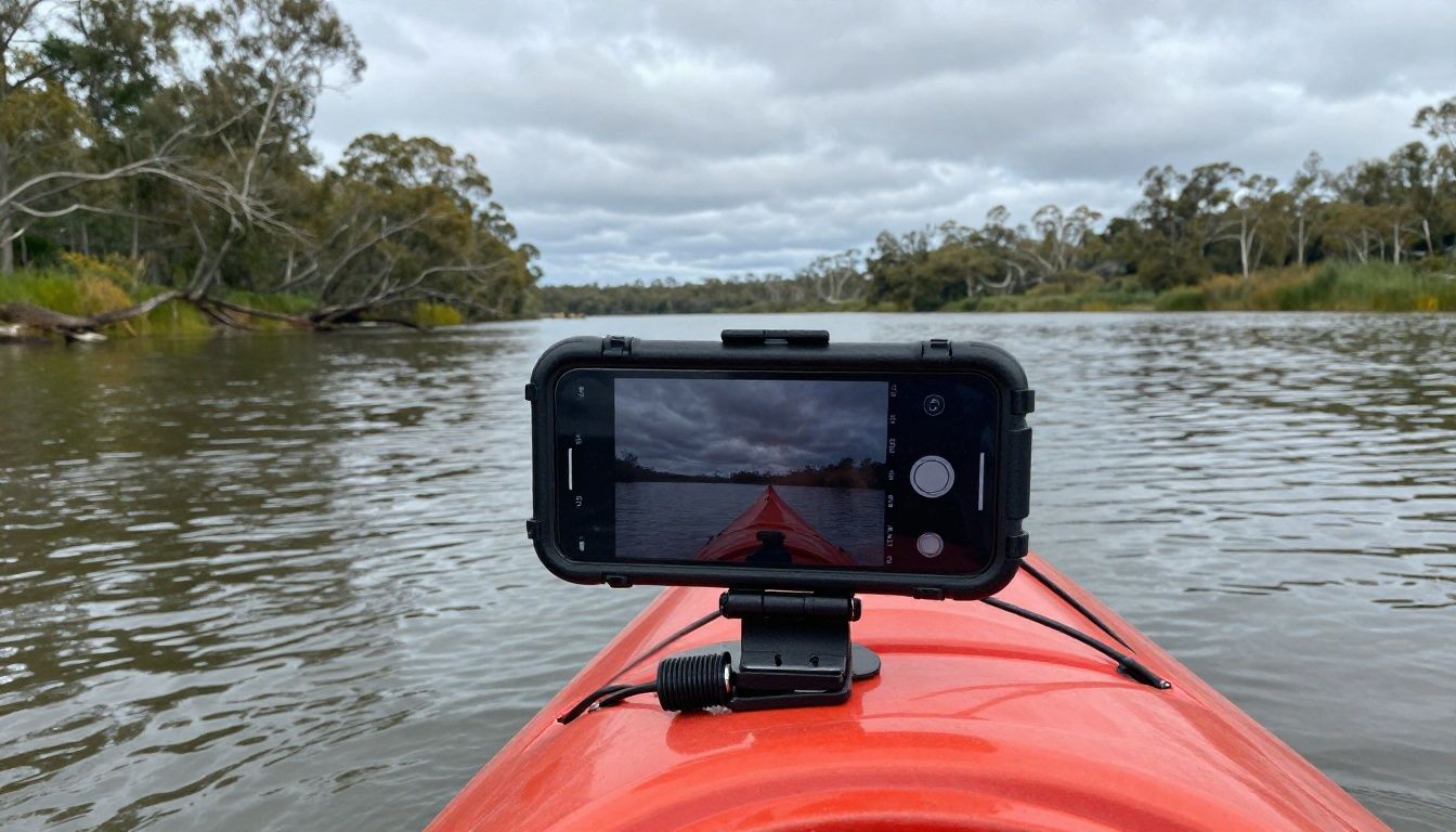A kayaker taking a photo with their iPhone, which is secured in a waterproof case, on a calm Australian river