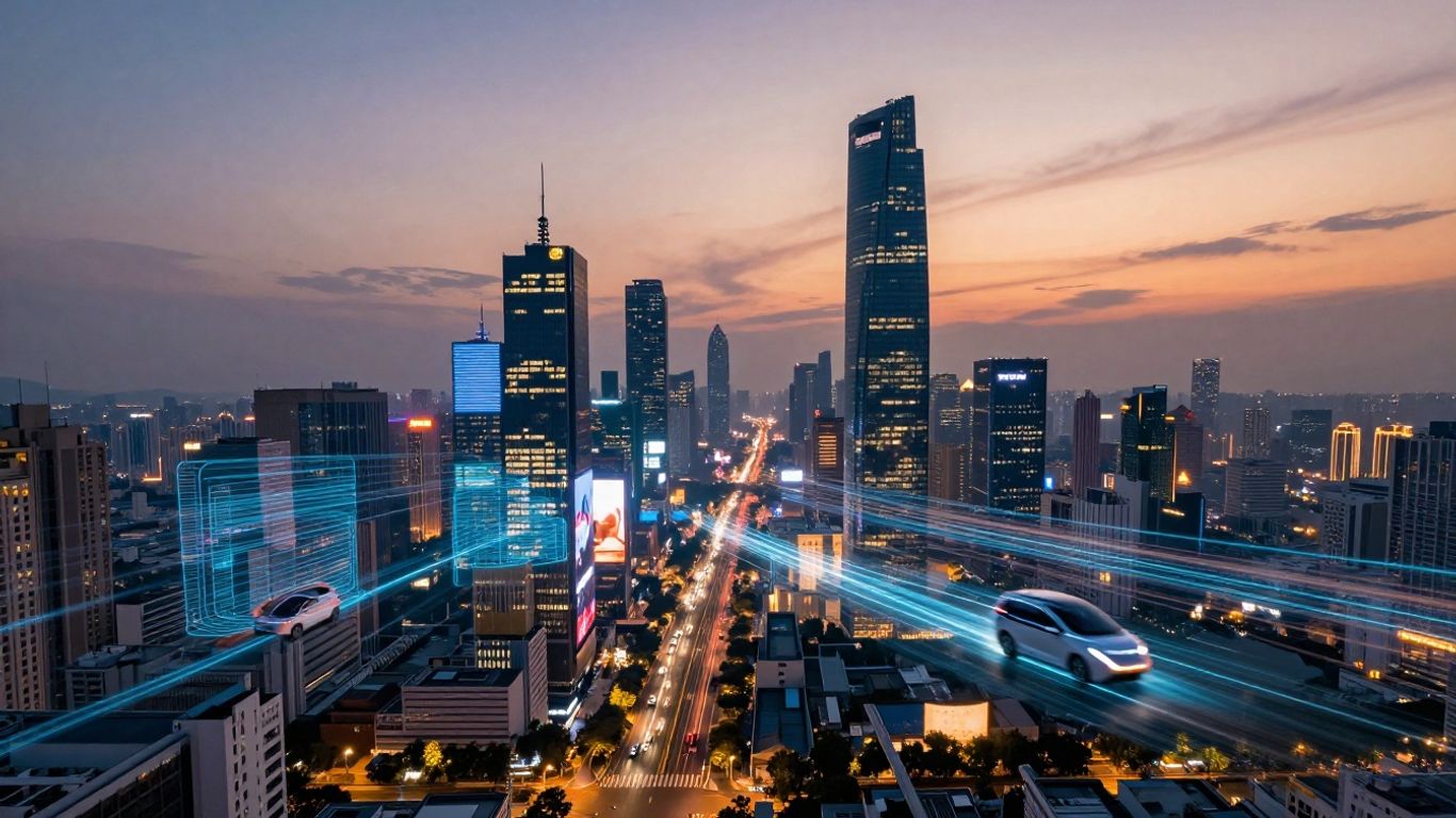 Futuristic cityscape with AI-driven vehicles and holographic ads.