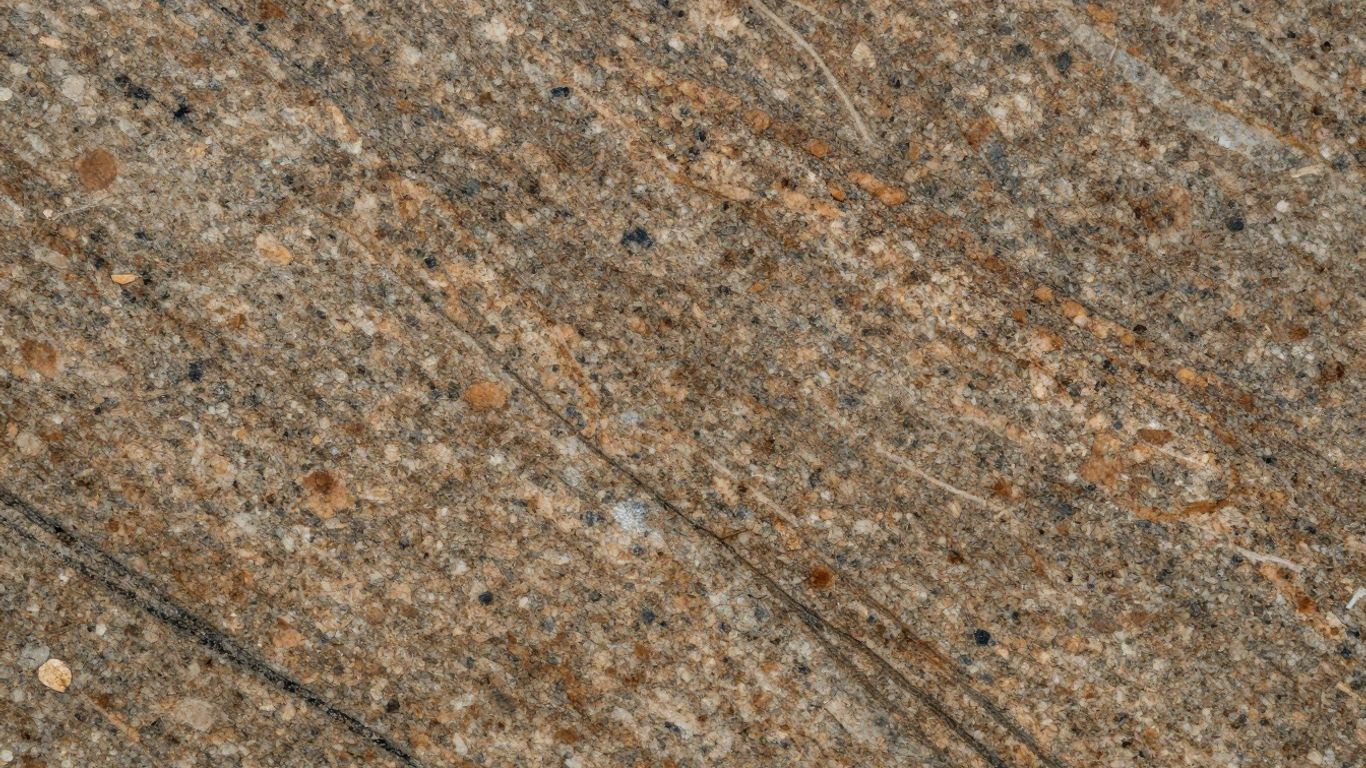Polished granite slab with natural veining and earthy tones.