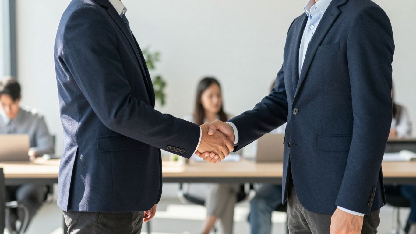 Handshake symbolizing business partnership and growth.