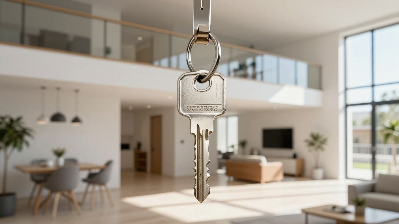 Prédio moderno com chave, simbolizando novas oportunidades imobiliárias.